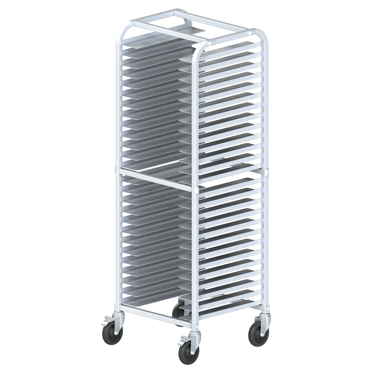 Picture of Winco AWPR-26BK 26-Tier End-Load Pizza Pan Rack with Brakes - 2 in. Spacing - Welded - Aluminum