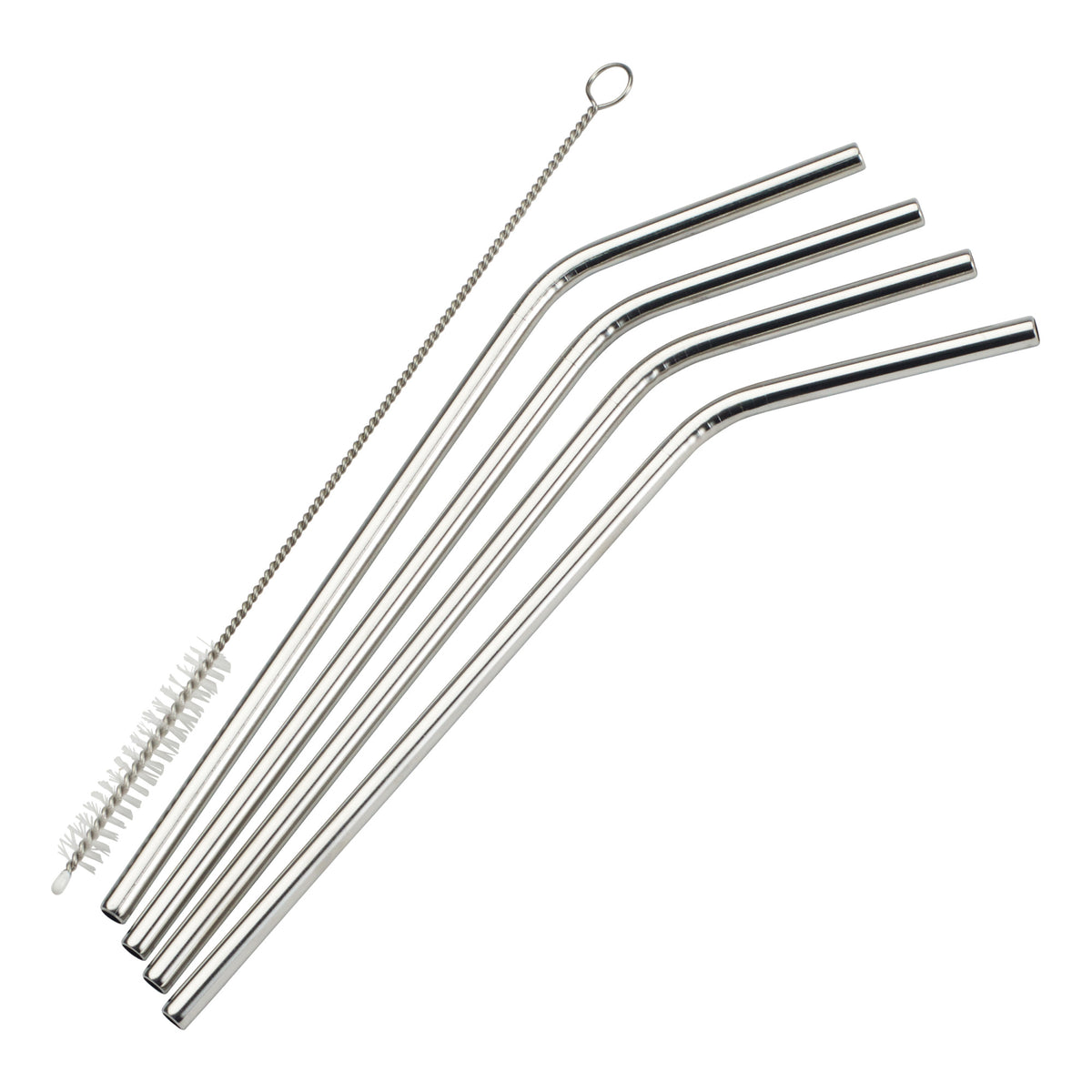 Picture of Winco SSTW-8C Drinking Straws Set, 18-8 Stainless Steel - Curved - 4 Straws, 1 Brush, 0.25 in. Dia. x 8.5 in. - 5 Piece