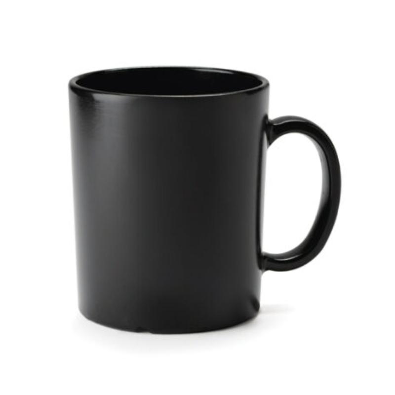 Picture of Winco TM-1316-BK 12 oz Tritan, Black, Coffee Mug with Handle - 16 oz Rim-Full, 3.5 in. Top Dia. - 4.8 in. Top Dia. with Handle, 4.1 in. Tall, 3.9 in. Deep, G.E.T. Cups & Mugs