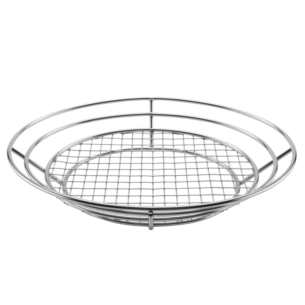 Picture of Winco 4-84814 12.5 x 9.25 in. Oval Basket with Raised Grid Base, 2.25 in. Tall - Stainless Steel - Each 12
