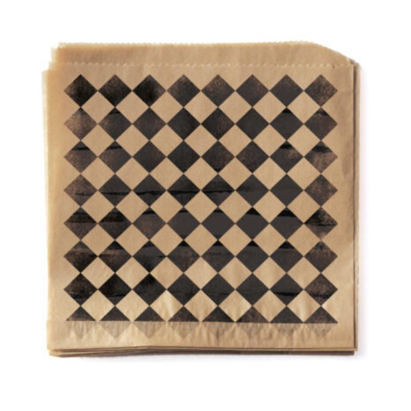 Picture of Winco P-BKC-77-BR 7 x 7 in. Food-Safe Double-Open Bag & Wire Cone Basket Liner & Rustic Black Checker On Brown Paper, 2000 Piece