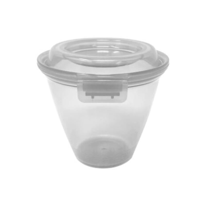 Picture of Winco EC-21-CL 12 oz Polypropylene Clear Reusable Side-Dish & Large Sauce Cup with Hinged Lid - 14 oz Rim-Full, 4.25 Top Dia., 3 Tall, G.E.T. Eco-Takeouts
