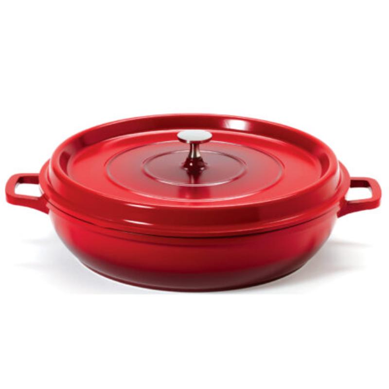 Picture of Winco CA-008-R-BK-CC 4.5 qt. - 5 qt. Rim-Full - 12.63 in. Induction Ready Round Braiser & Paella with Lid, 2.88 in. Deep - Clear Coat - Red