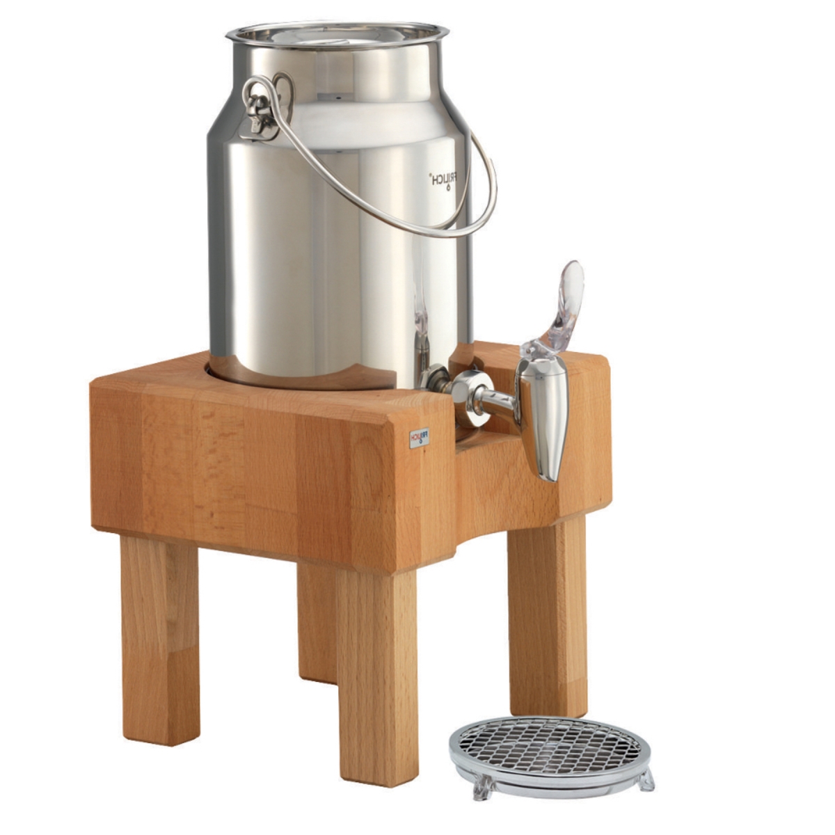 Picture of Winco 3131300 3.2 qt. & 0.8 gal - 3L Stainless Steel & Tan Milk Dispenser Set with Beech Wood Stand