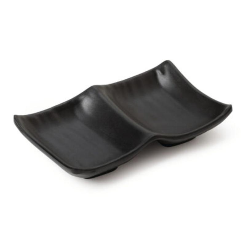Picture of Winco SD-5525-BK 2.5 oz - 3 oz Rim-Full, 5.5 x 3.5 in. 2-Compartment Sauce Dish, 0.5 in. Deep - Black
