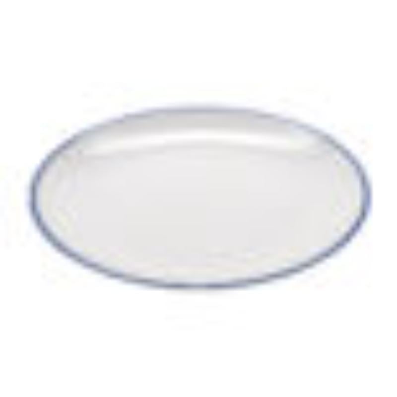 Picture of Winco CS-1100-W-CB 11 in. White with Blue Trim Enamelware Melamine Round Dinner Plate, G.E.T. Settlement Bistro