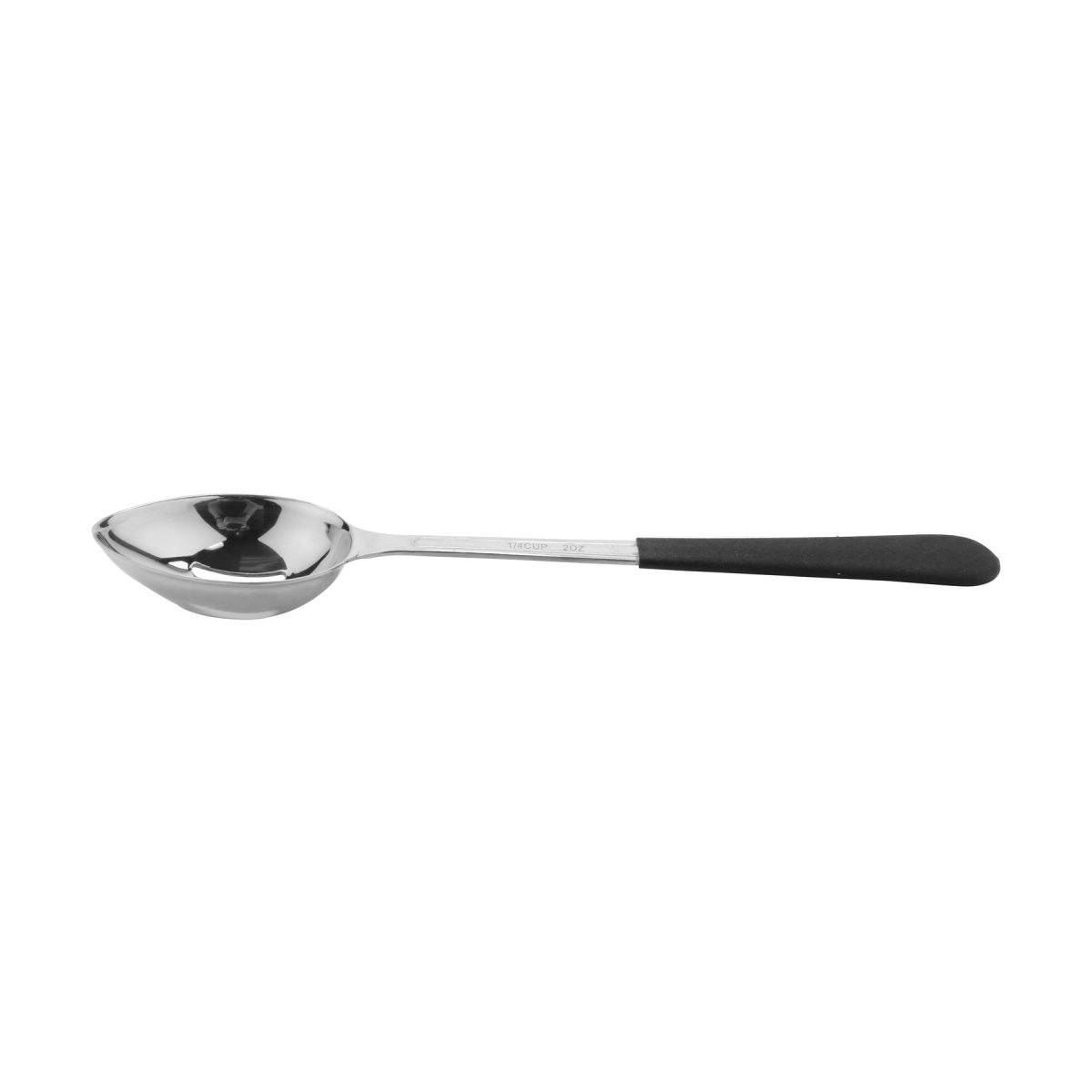 Picture of Winco BSRIM-34 11.75 in. Portion Control Slotted Bowl Spoon with Textured Black Plastic Dipped Handle - 2 oz, 96 at Per Master, 6 at Per Inner - Each 12