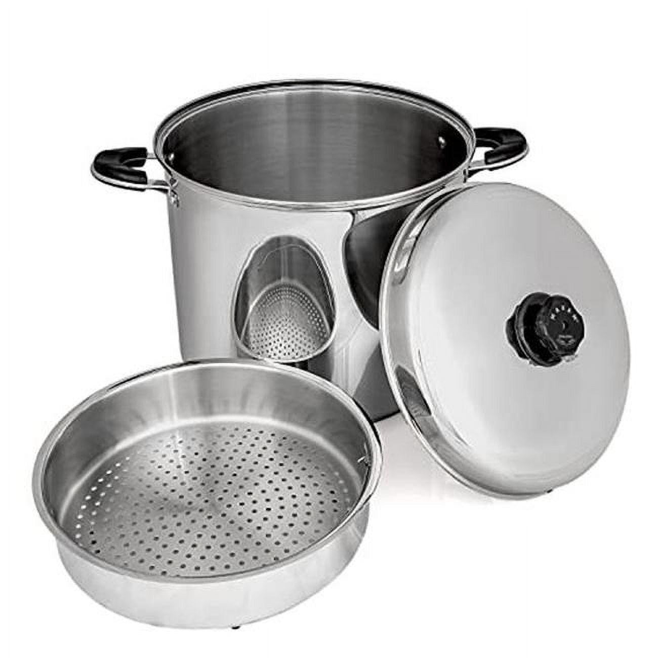 Picture of Maxam KTSP30MX Stock Pot & Steamer Basket Set - Waterless Cooking & High Heat-Retention - Soup Pot with Lid for Cooking & Serving&#44; Silver - 30 qt.