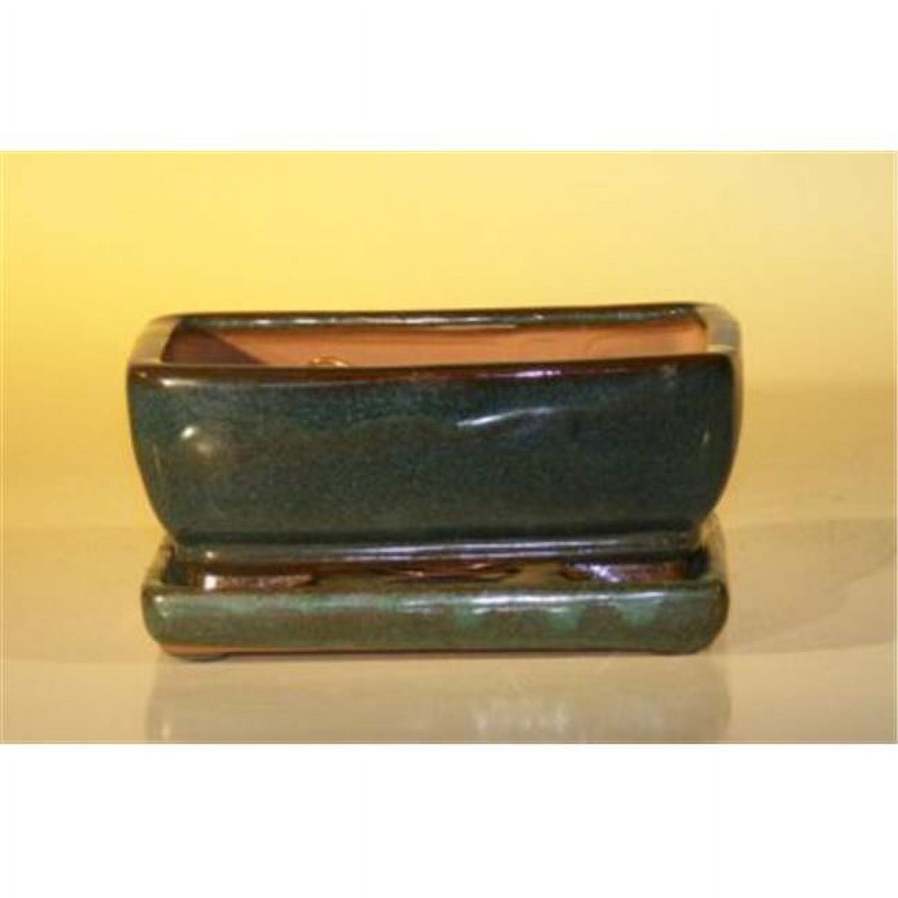 6.37 x 4.75 x 2.625 in. Rectangle Ceramic Bonsai Pot with Attached Humidity & Drip Tray - Professional Series, Green