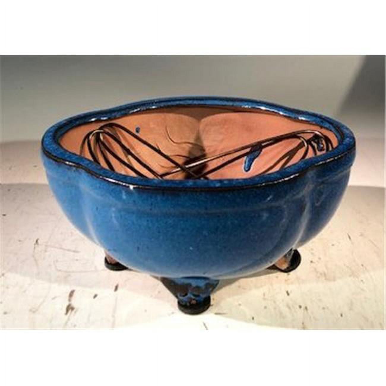 Ceramic Bonsai Pot, Blue - Lotus Shaped