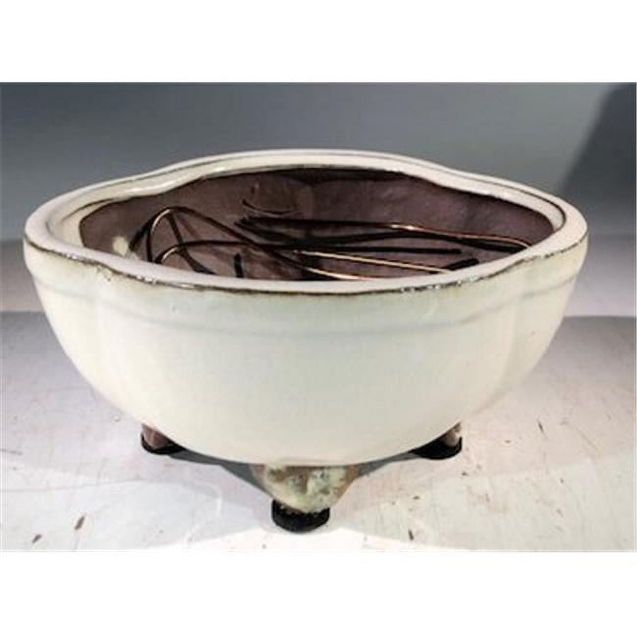 Ceramic Bonsai Pot, Beige - Lotus Shaped