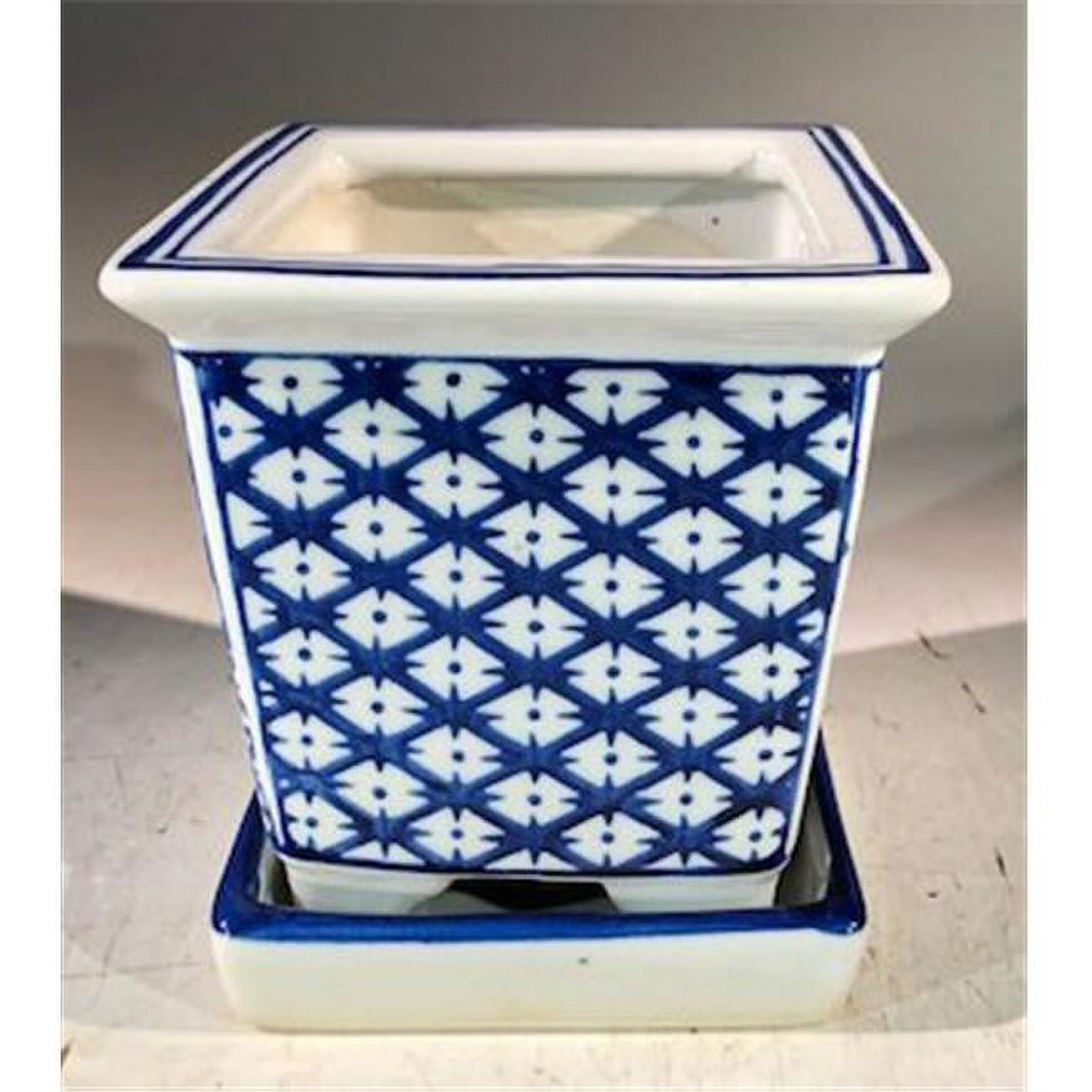 L393p Porcelain Bonsai Pot, Blue & White - Square