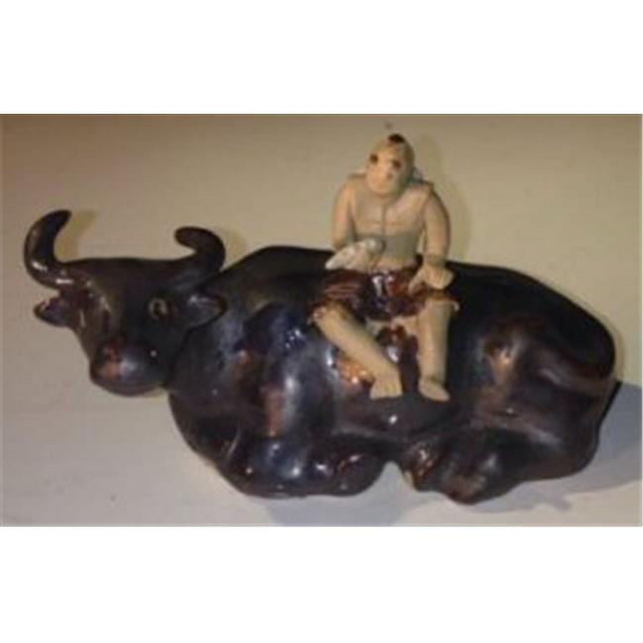Picture of Bonsai Boy e3272 Ceramic Figurine - Man Sitting On Sitting Buffalo&#44; Dark Brown - Large