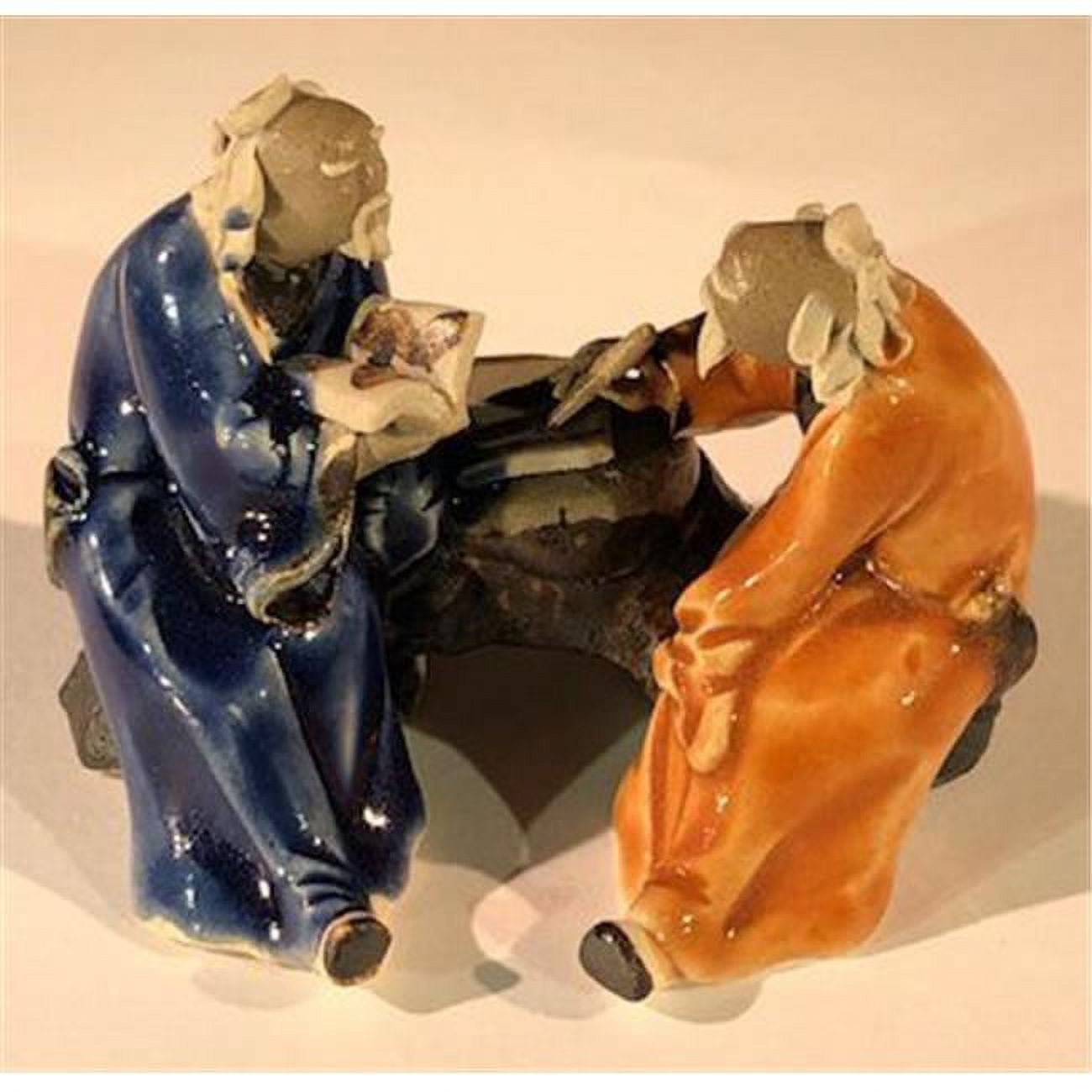 Picture of Bonsai Boy e3384 2 in. Ceramic Figurine - Two Men Sitting On A Bench&#44; Blue & Orange