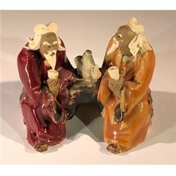 Picture of Bonsai Boy e3386 2.5 in. Ceramic Figurine - Two Men Sitting On A Bench Drinking Tea&#44; Red & Orange