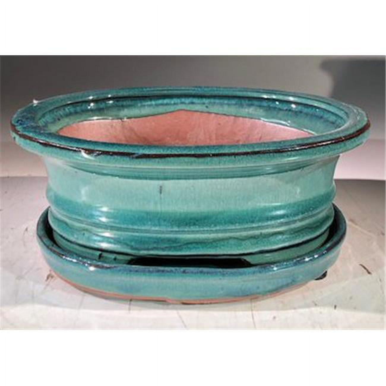 8 x 6 x 3 in. Ceramic Bonsai Pot, Blue & Green - Oval