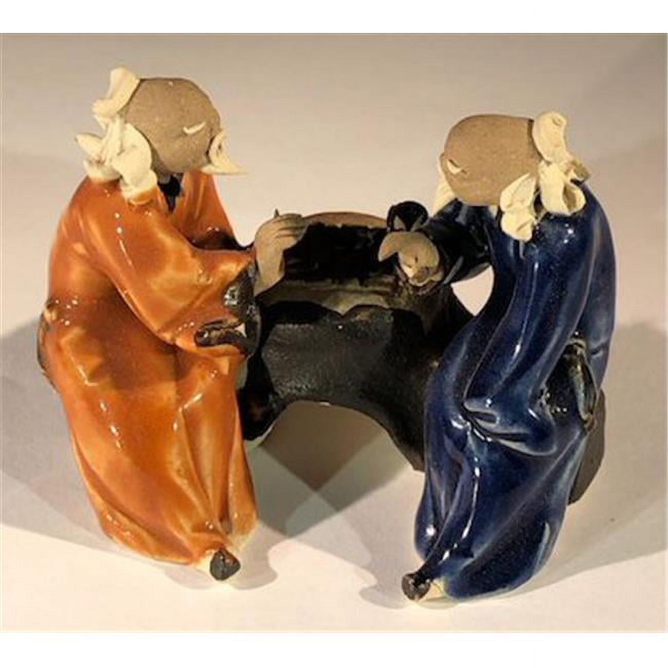 Picture of Bonsai Boy e3389 2.5 in. Ceramic Figurine&#44; Orange & Blue - Two Men Sitting On A Bench Playing Chess