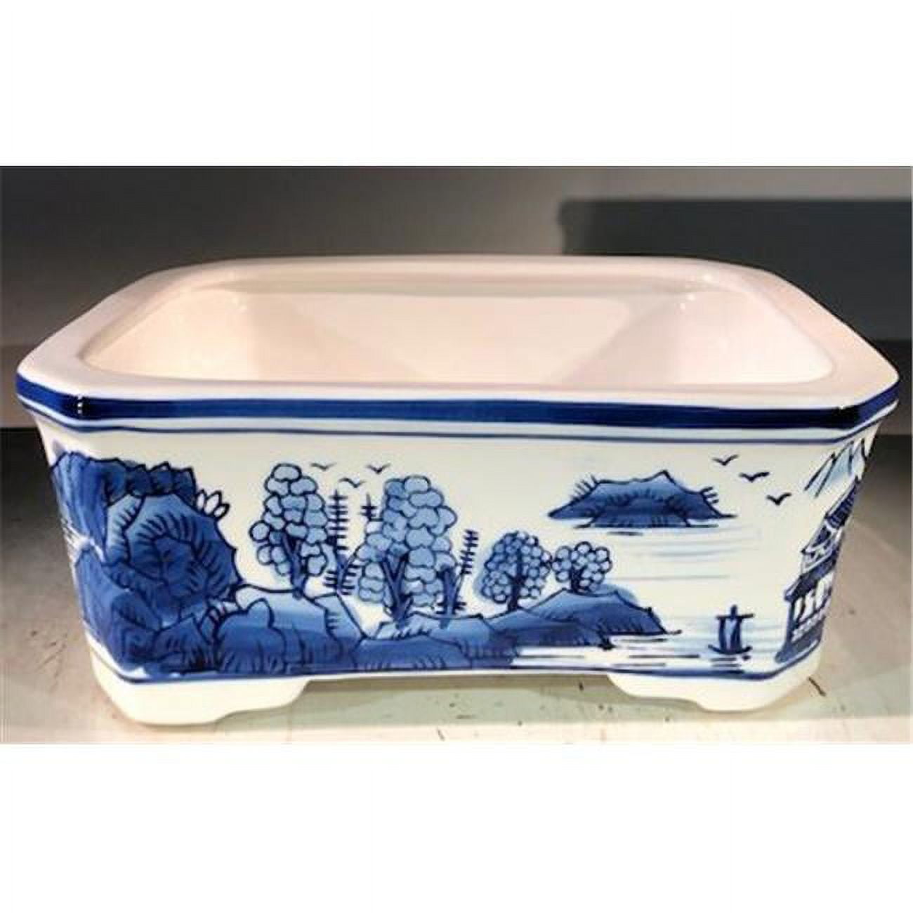 Porcelain Bonsai Pot, Blue & White - Rectangle