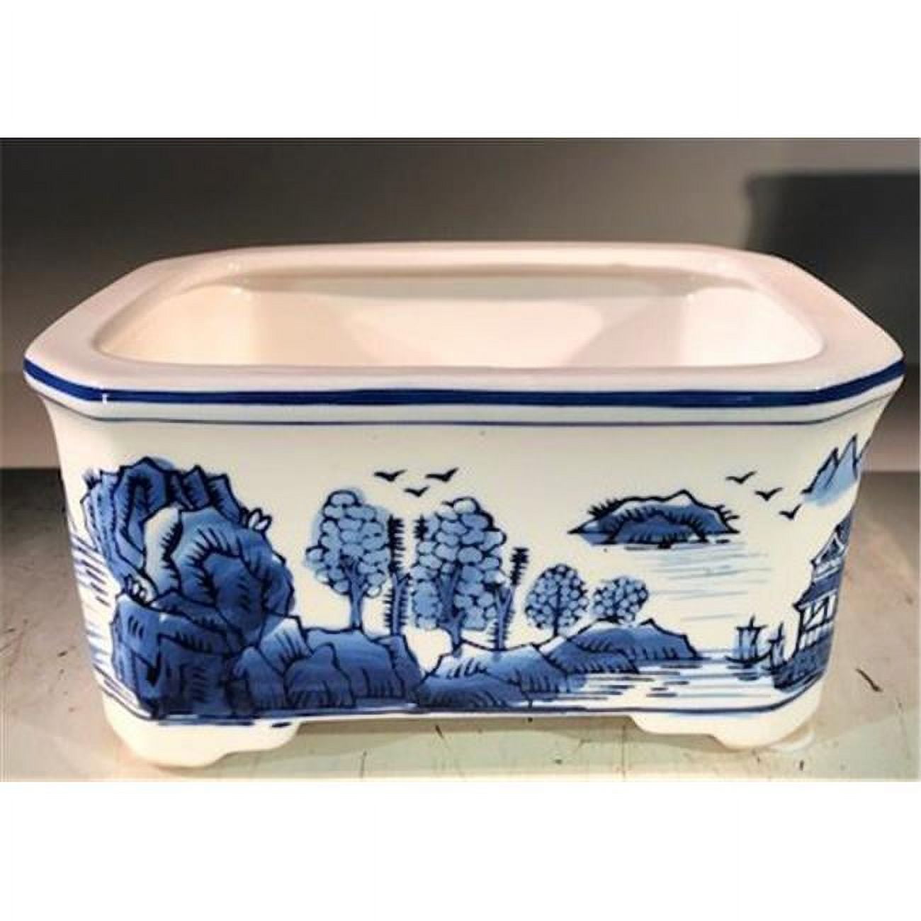 L366p Porcelain Bonsai Pot, Blue & White - Rectangle