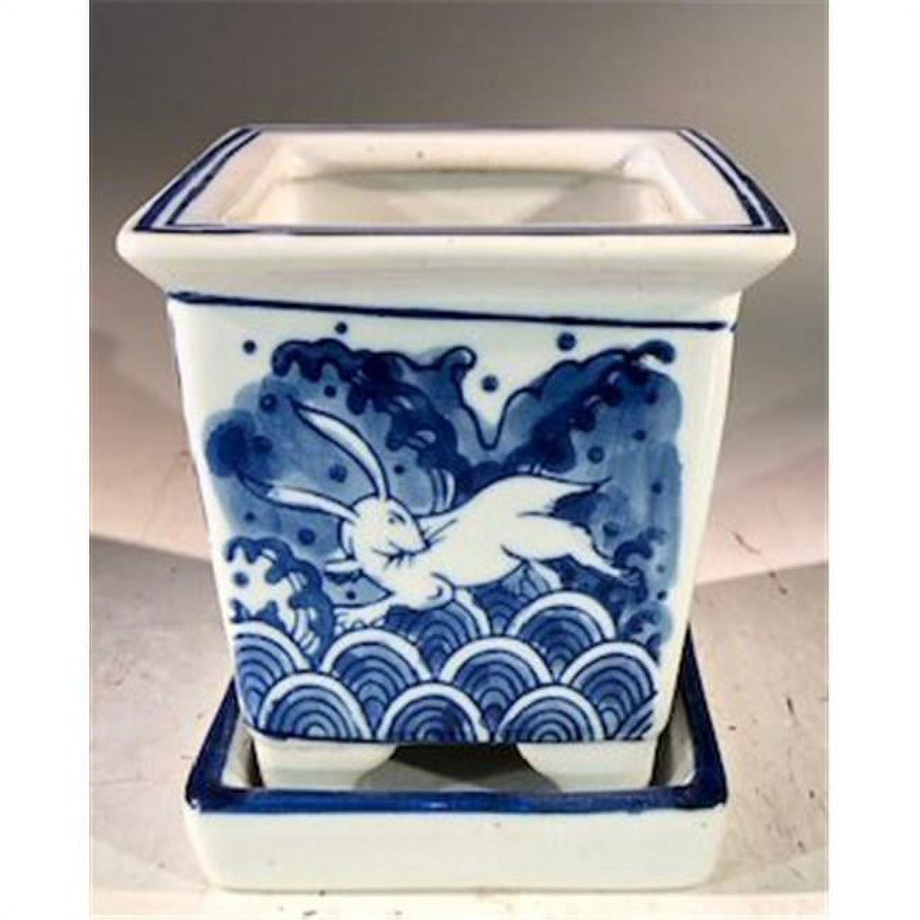 Porcelain Bonsai Pot with Attached Humidity Drip Tray, Blue & White - Square