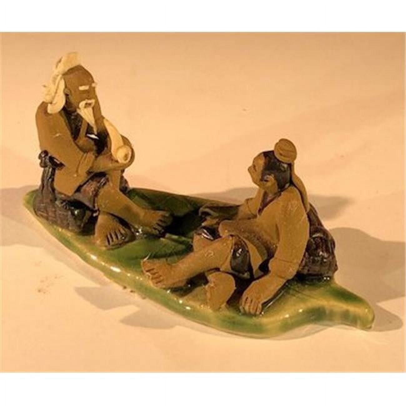 Picture of Bonsai Boy e3376 2 in. Miniature Ceramic Figurine - Two Mud Men On A Leaf&#44; One Sitting Smoking A Pipe & The Other Sitting