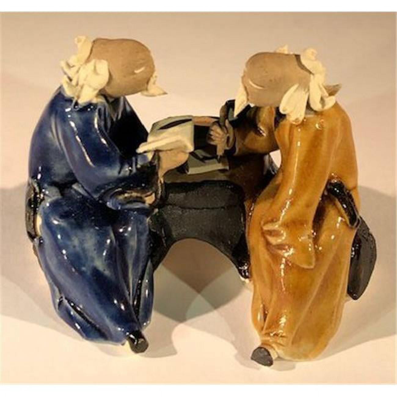 Picture of Bonsai Boy e3387 2.5 in. Ceramic Figurine - Two Men Sitting On A Bench Scribing&#44; Blue & Light Brown
