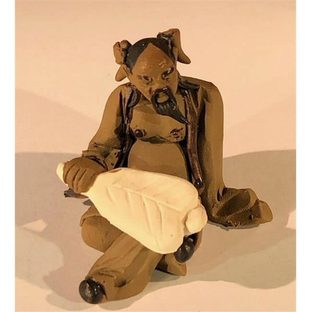 Picture of Bonsai Boy e3411 2 in. Ceramic Figurine - Mud Man Holding A Fan Sitting Down