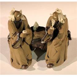 e3417 2.5 in. Ceramic Figurine - Two Mud Men Sitting On A Bench Drinking Tea