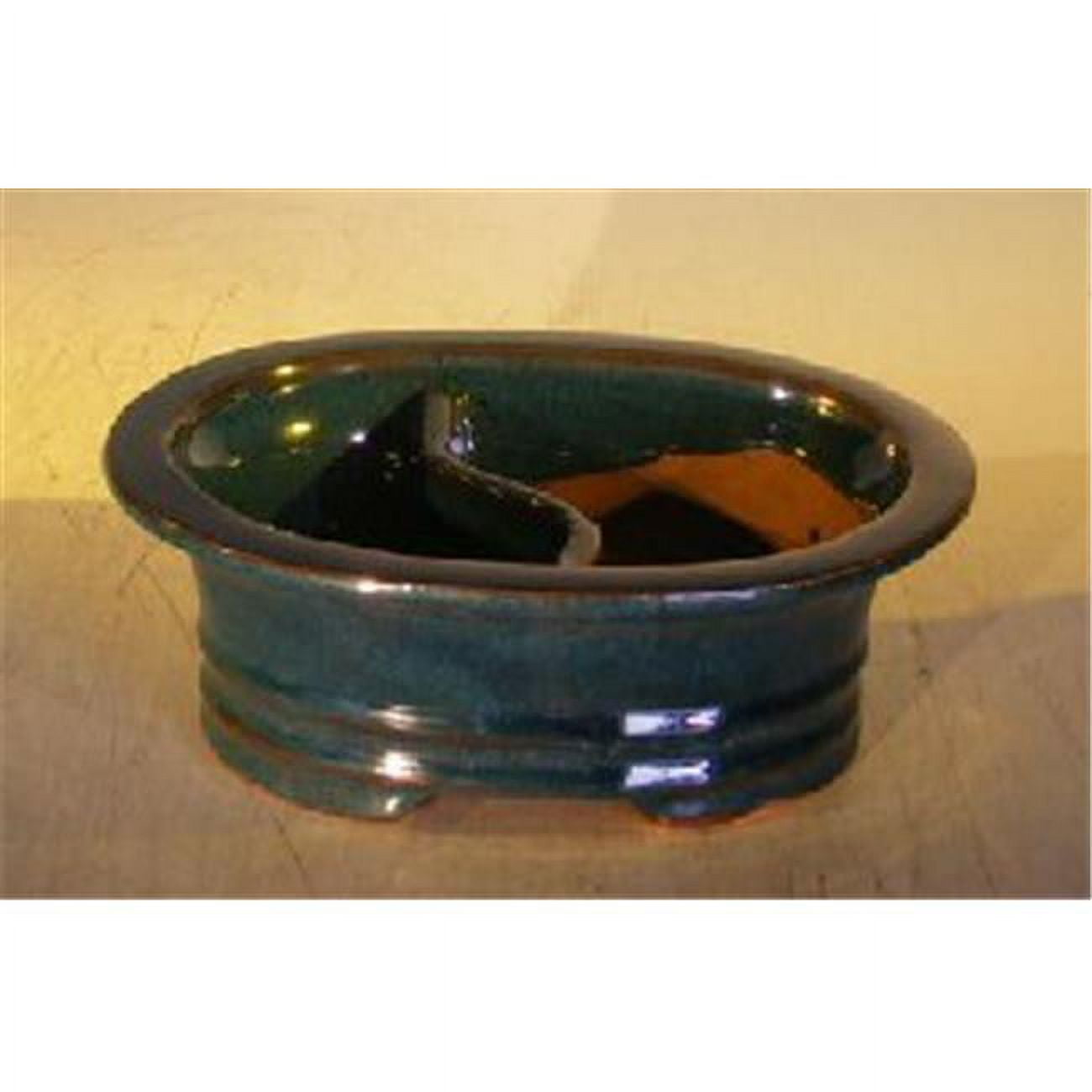 Ceramic Bonsai Pot - Land & Water Divider, Dark Blue - Oval