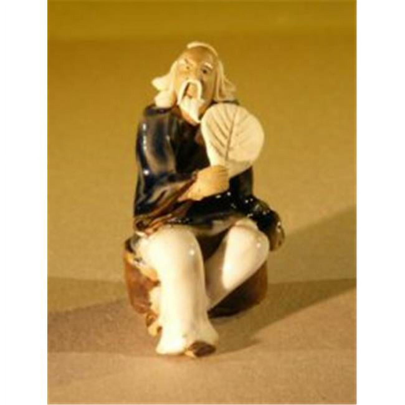Picture of Bonsai Boy e2717 Miniature Figurine - Man Holding a Fan Sitting on a Rock&#44; Blue