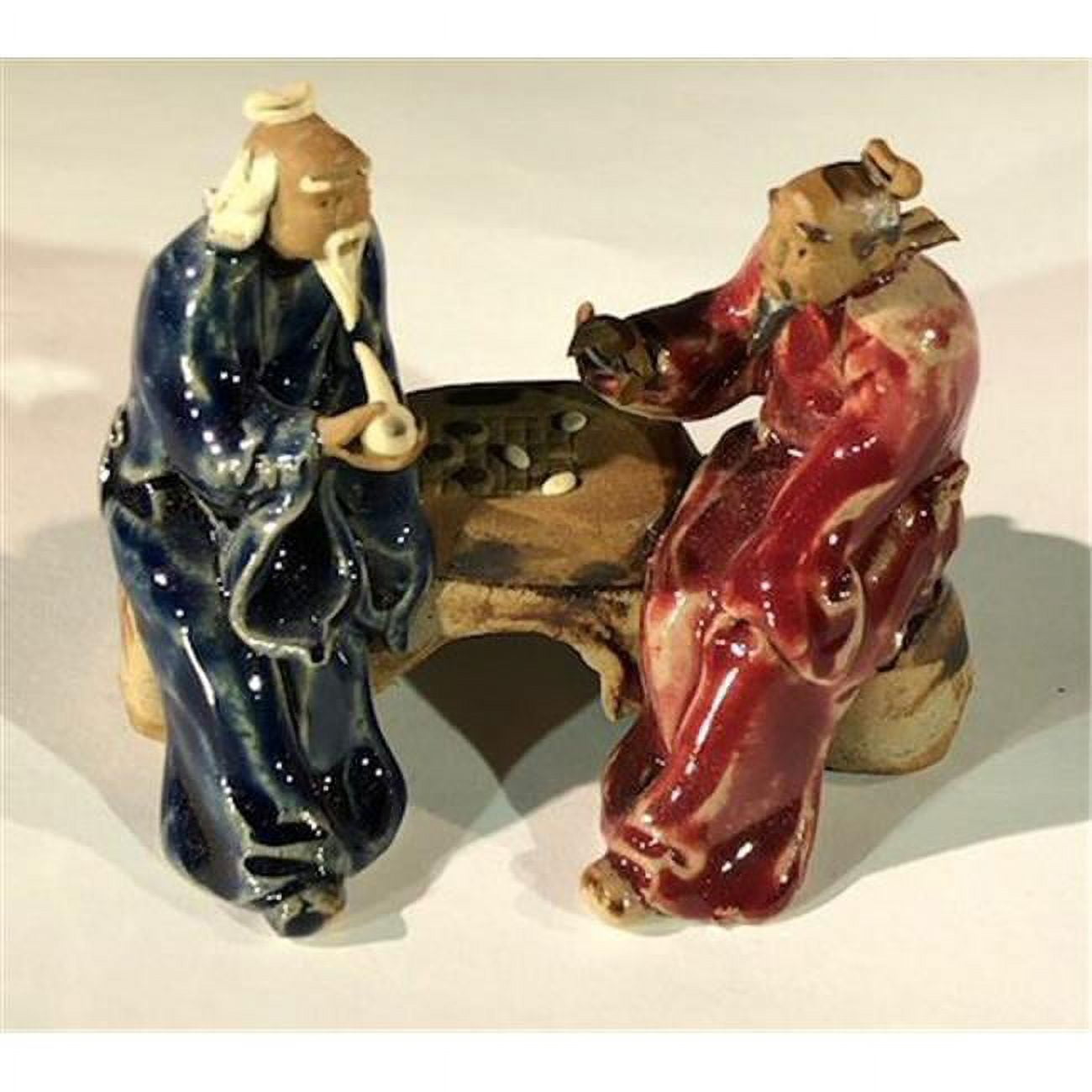 Picture of Bonsai Boy e3397 3 in. Ceramic Figurine - Two Men Sitting On A Bench Playing Chess&#44; Blue & Red