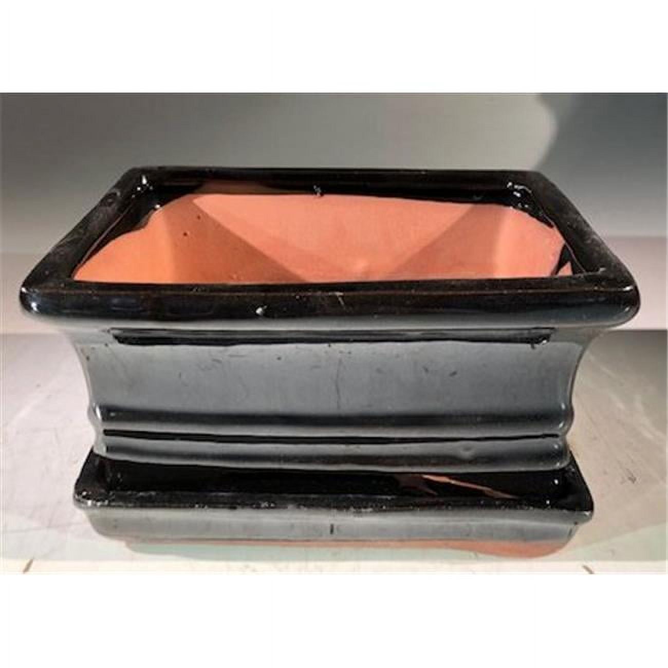 6 x 4.5 x 3 in. Ceramic Bonsai Pot with Humidity Drip Tray, Black - Rectangle