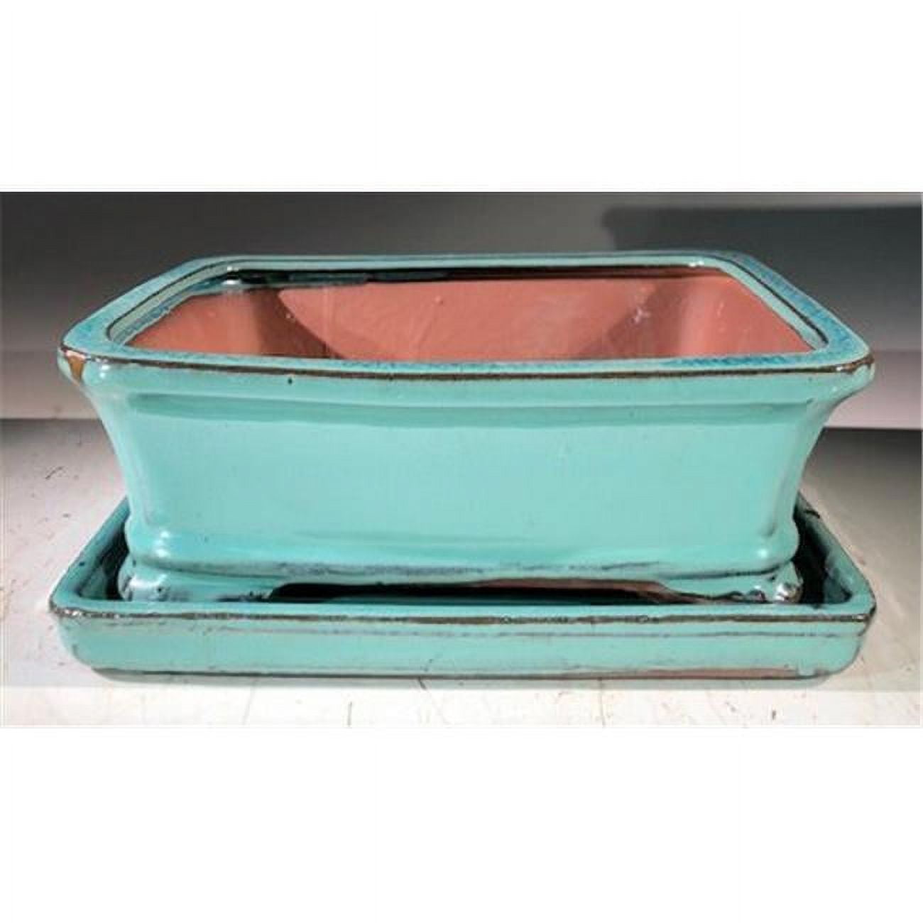 8 x 6 x 3 in. Ceramic Bonsai Pot with Humidity Drip Tray, Light Blue - Rectangle