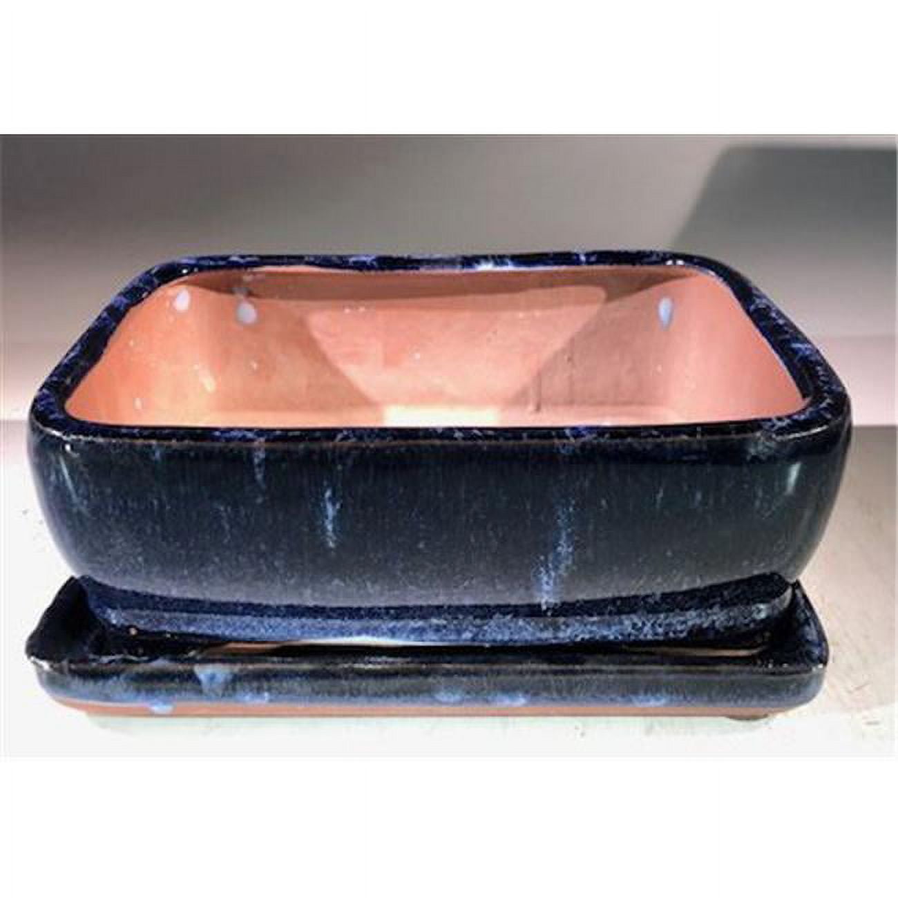 8 x 6 x 3 in. Ceramic Bonsai Pot with Humidity Drip Tray, Marble Blue - Rectangle