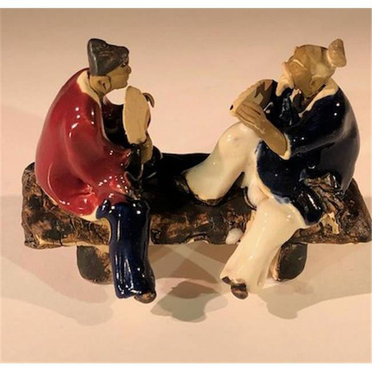 Picture of Bonsai Boy e3405 3 in. Ceramic Figurine - Two Men Sitting On A Bench with Fans&#44; Blue & Red