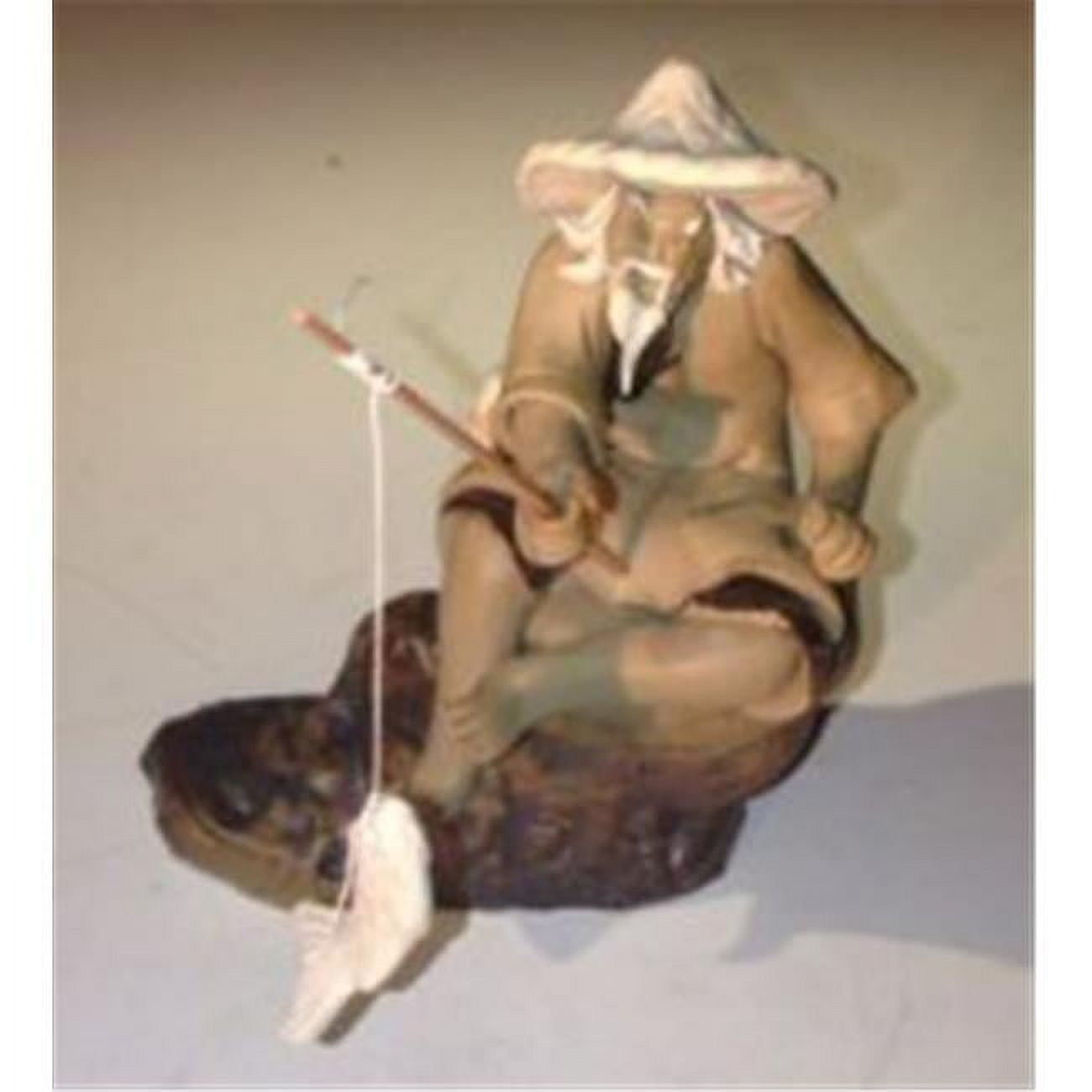 Picture of Bonsai Boy e3278 Ceramic Figurine - Mud Man Sitting On A Rock Fishing