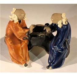Picture of Bonsai Boy e3396 3 in. Ceramic Figurine - Two Men Sitting On A Bench Playing Chess&#44; Green & Red