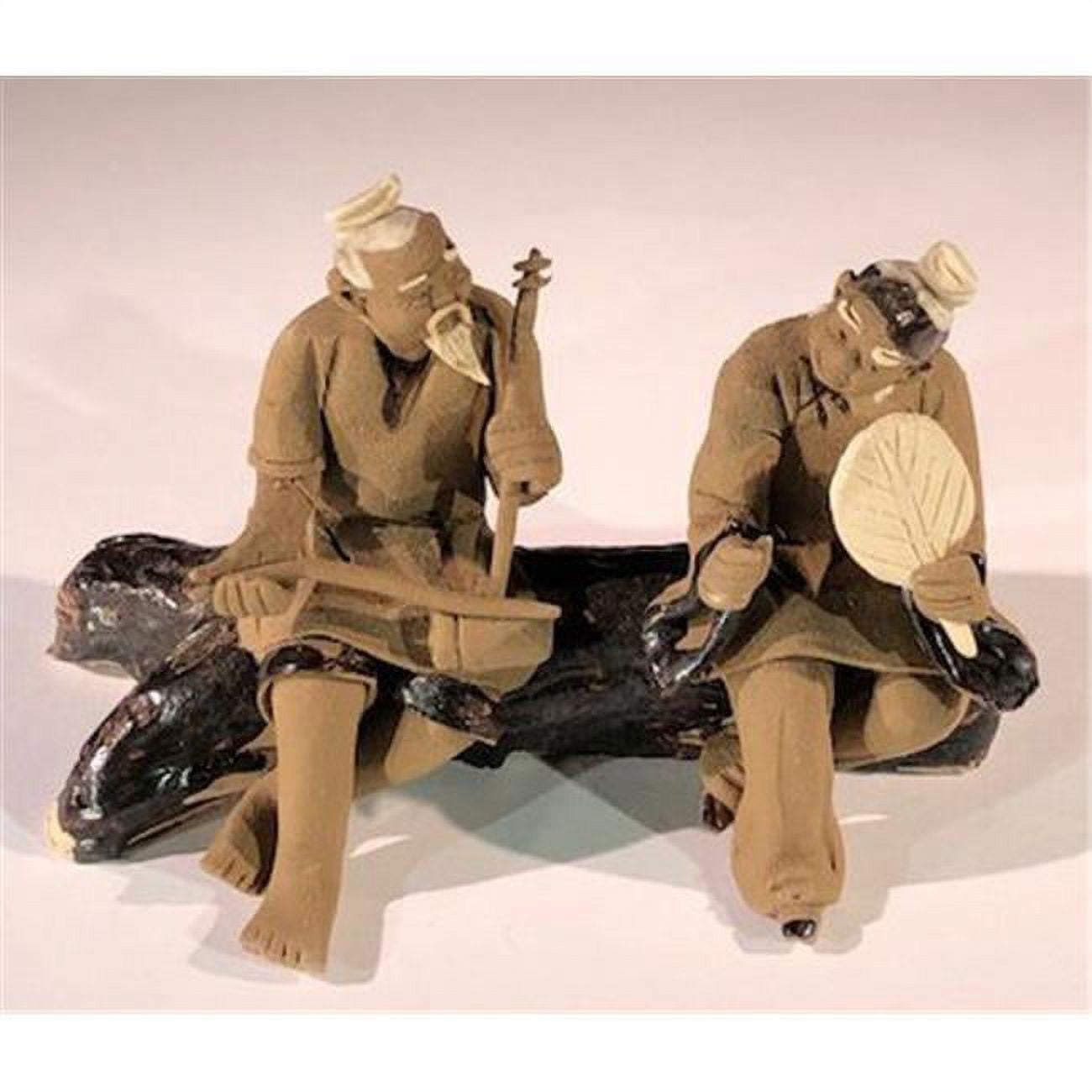 Picture of Bonsai Boy e3410 2.5 in. Miniature Ceramic Figurine - Two Men Sitting On Bench Playing Musical Instrument