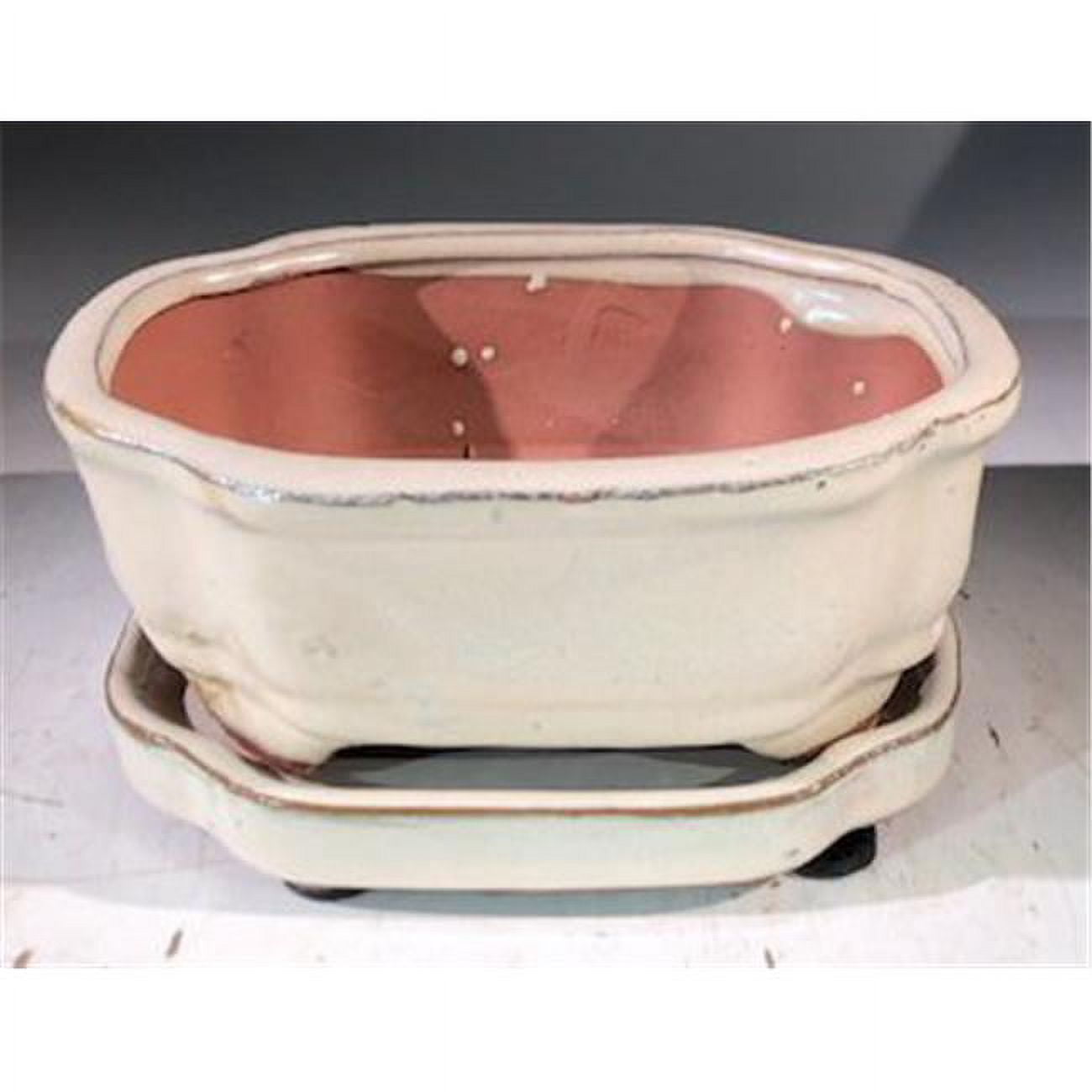 6 x 5 x 2.5 in. Ceramic Bonsai Pot with Humidity Drip Tray, Beige - Rectangle