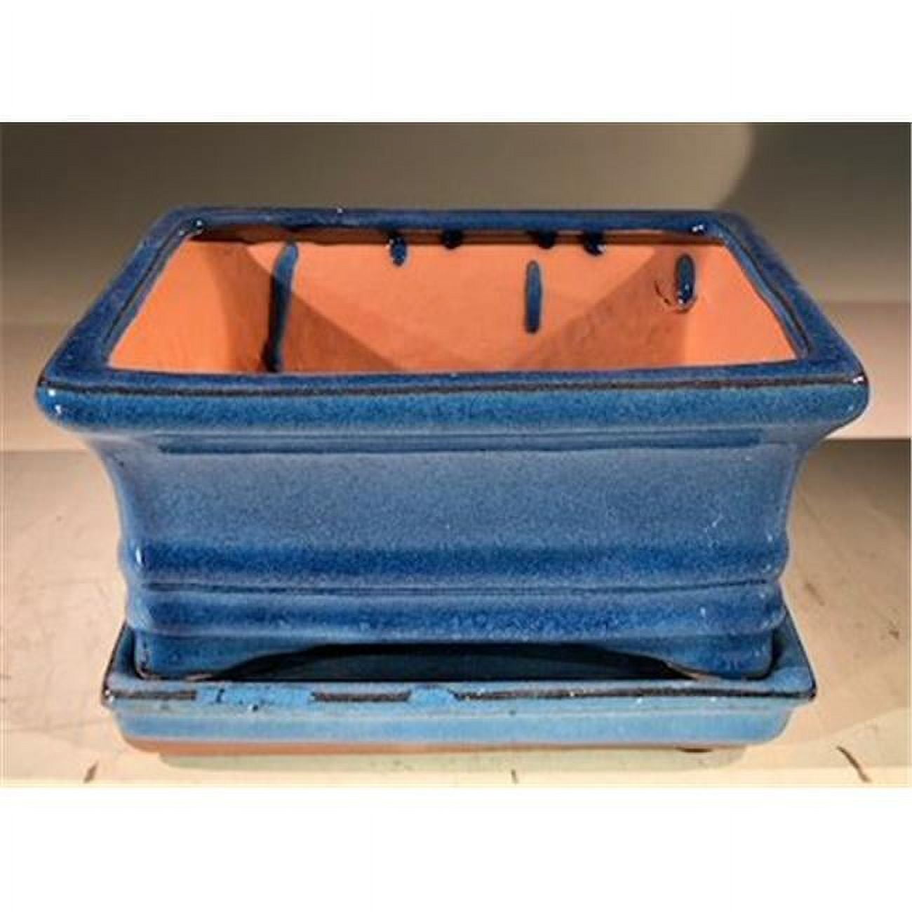 6 x 4.5 x 3 in. Ceramic Bonsai Pot with Humidity Drip Tray, Blue - Rectangle