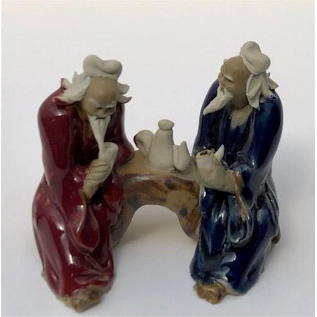Picture of Bonsai Boy of New York e3534 2.25 in. Two Men Sitting on a Bench Drinking Tea Ceramic Figurine&#44; Blue & Red