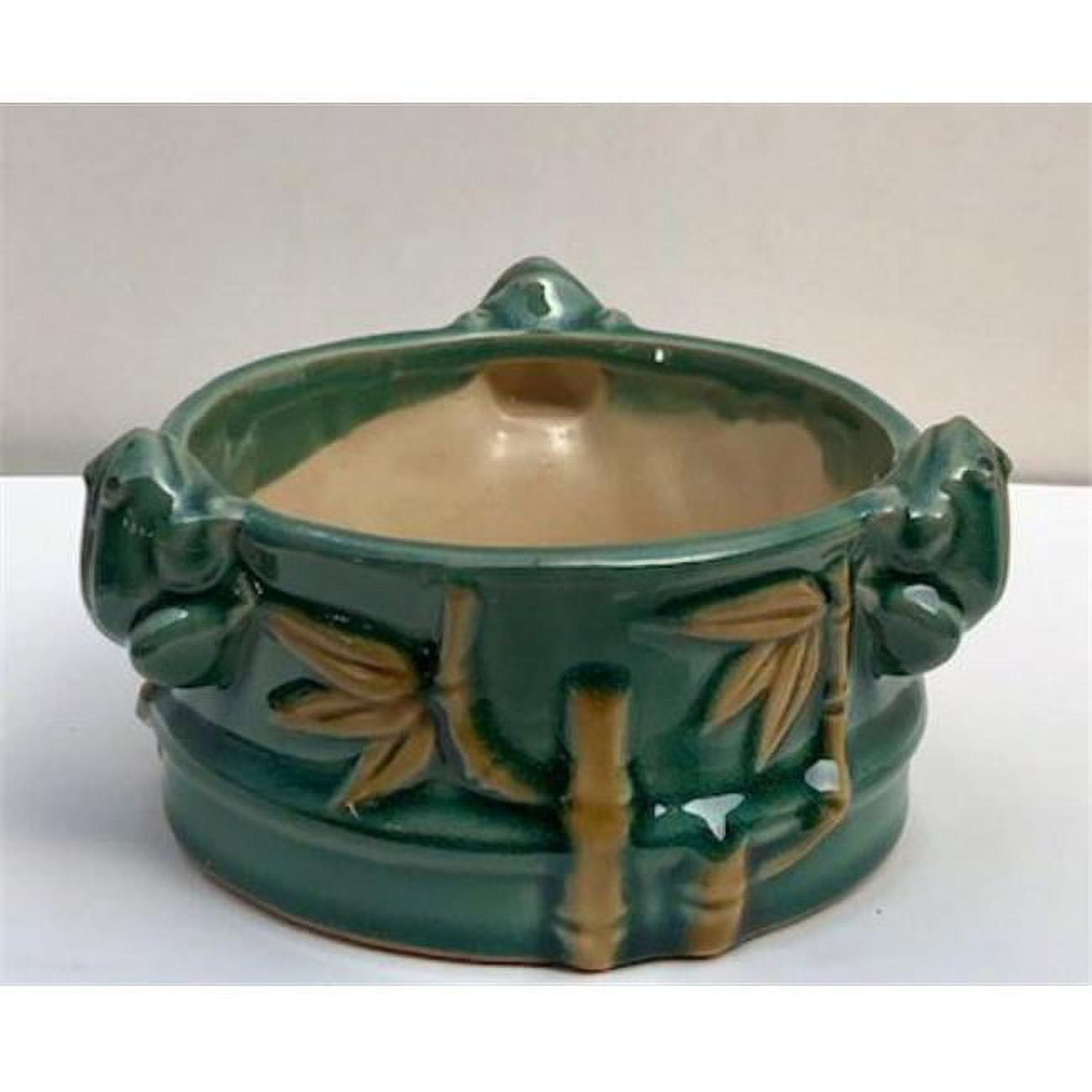 5.5 x 5.5 x 3 in. Light Green Ceramic Bonsai Pot with Attached Frogs & Bamboo Shoot Design, Round