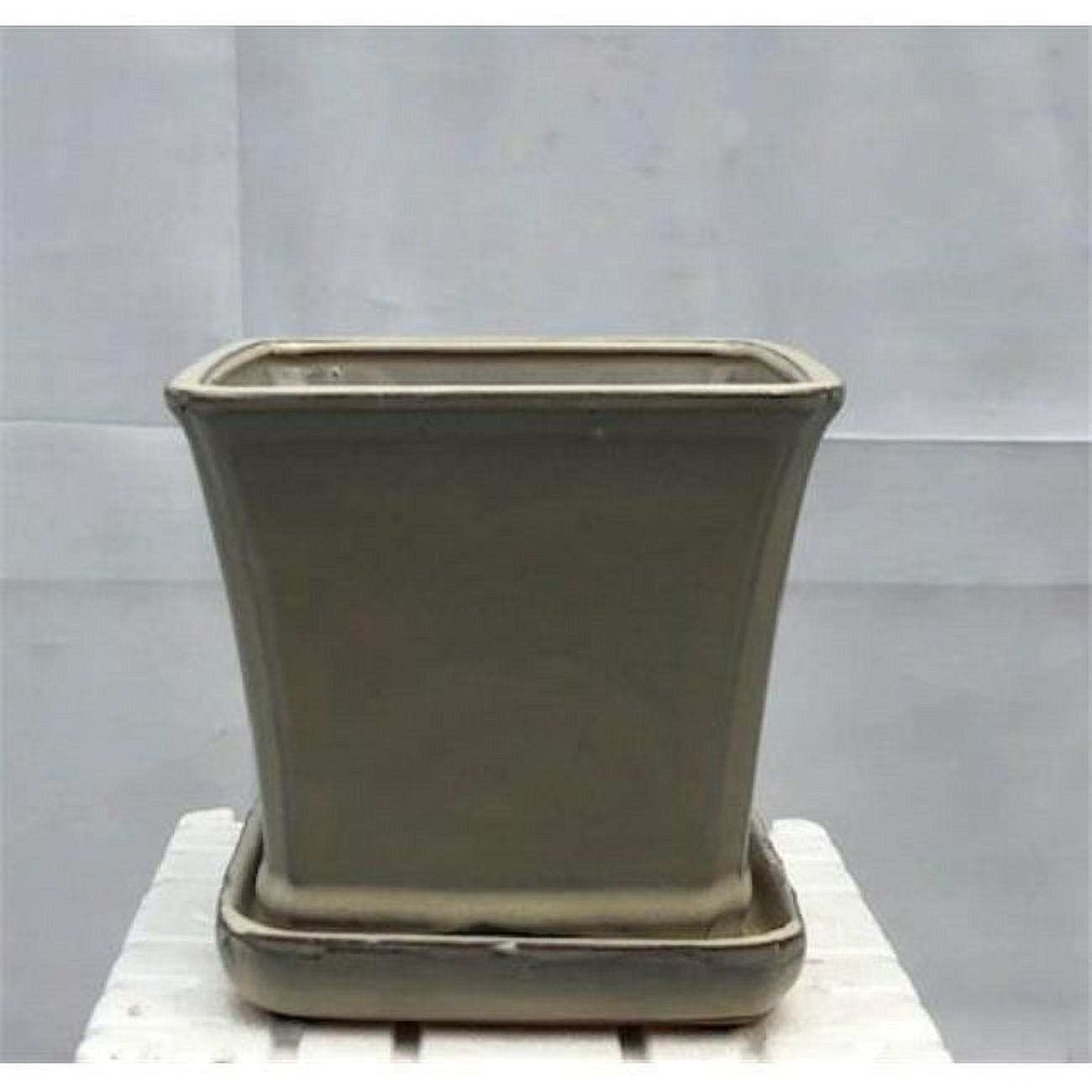 7.5 x 7.5 x 7 in. Beige Ceramic Bonsai Pot with Attached Humidity & Drip Tray, Square