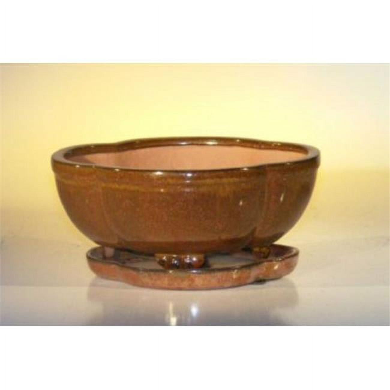 8.5 x 6.5 x 3.5 in. Aztec Orange Ceramic Bonsai Pot with Attached Humidity & Drip Tray, Lotus