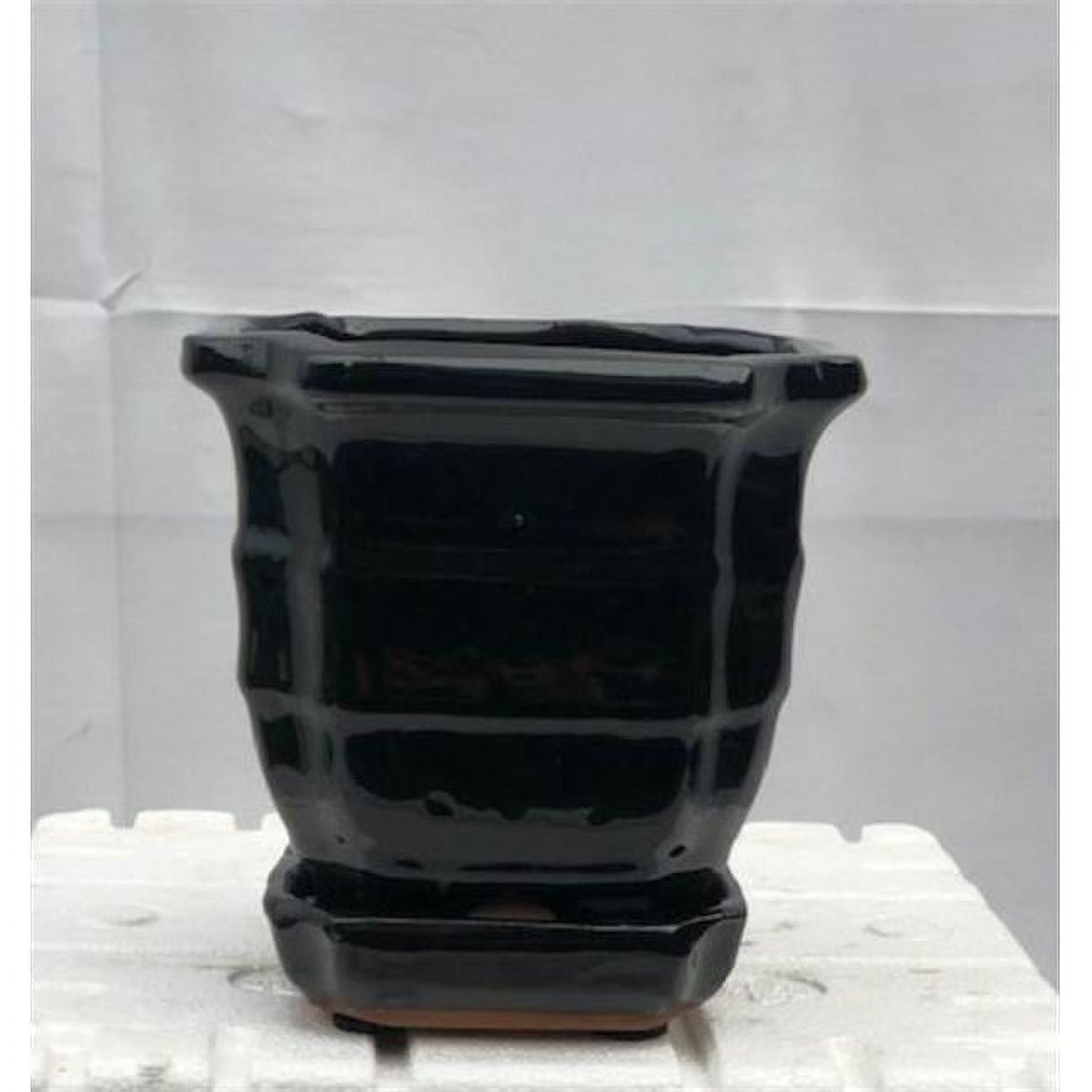 5.5 x 5.5 x 5.5 in. Black Ceramic Bonsai Pot with Humidity & Drip Tray, Square