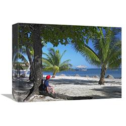 GCS-397015-1216-142 12 x 16 in. Tourist Resting Under Palm Trees on Beach at Palmetto Bay, Roatan Island, Honduras Art Print - Tim Fitzharris -  Global Gallery