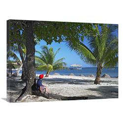 24 x 32 in. Tourist Resting Under Palm Trees on Beach at Palmetto Bay, Roatan Island, Honduras Art Print - Tim Fitzharris -  JensenDistributionServices, MI1296495