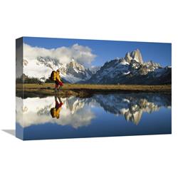 Picture of   12 x 18 in. Hiker&#44; Cerro Torre & Fitzroy Reflected in Small Pond At Dawn&#44; Loma Plieque Tumbado&#44; Los Glaciares National Park&#44; Patagonia&#44; Argentina Art Print - Colin Monteath