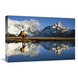 Picture of   16 x 24 in. Hiker&#44; Cerro Torre & Fitzroy Reflected in Small Pond At Dawn&#44; Loma Plieque Tumbado&#44; Los Glaciares National Park&#44; Patagonia&#44; Argentina Art Print - Colin Monteath