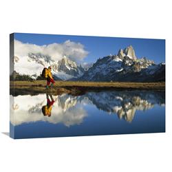 Picture of   20 x 30 in. Hiker&#44; Cerro Torre & Fitzroy Reflected in Small Pond At Dawn&#44; Loma Plieque Tumbado&#44; Los Glaciares National Park&#44; Patagonia&#44; Argentina Art Print - Colin Monteath